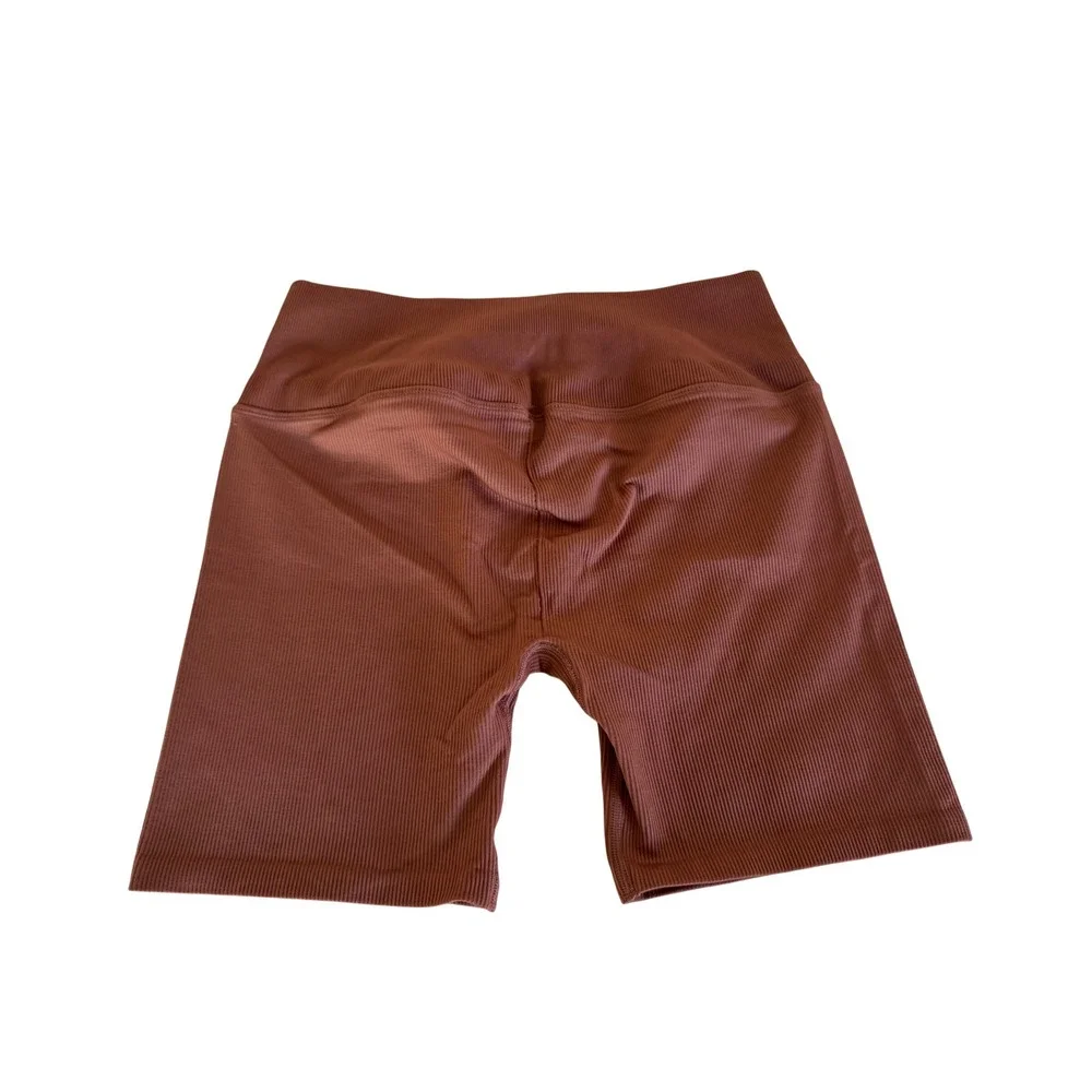 Alo Yoga Seamless Ribbed Favorite Bra Tank & Biker Shorts Set Brown Est Size M